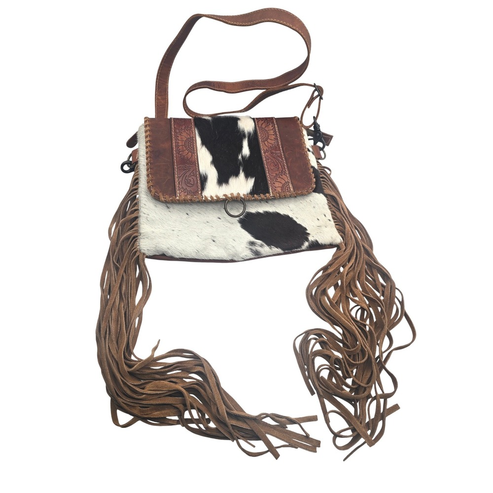 Myra Hand Tooled Bag Cowhide Leather Fringe Crossbody Western Floral Purse Brown